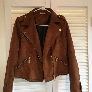 Cognac Faux Suede Moto Jacket